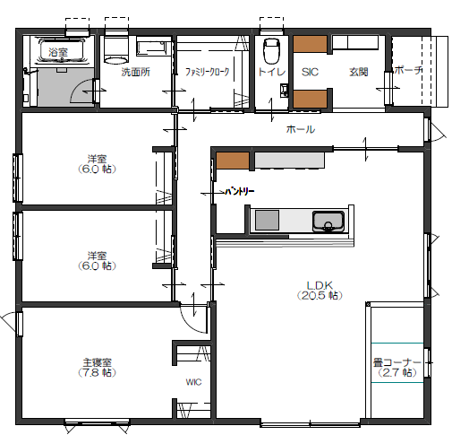平屋の住宅間取り図。右側に玄関とSIC（シューズインクローゼット）があり、ホールから20.5帖のLDKへ繋がります。LDKには2.7帖の畳コーナーとパントリーが隣接。左側には7.8帖の主寝室（WIC付き）と6帖の洋室が2部屋配置されています。上部には浴室、洗面所、ファミリークローク、トイレが並び、回遊性のある動線になっています。