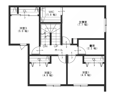 2F 平面図: 2階間取り図：主寝室7.7帖、書斎2.2帖（ゲーミングルーム予定）、洋室2部屋